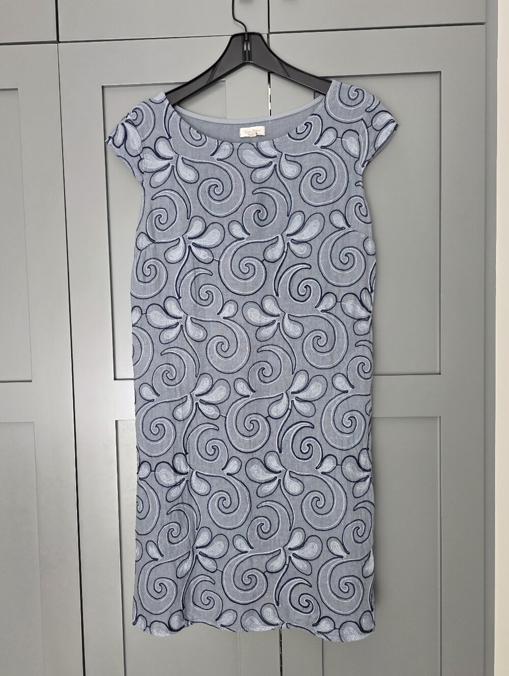 Lina Tomei 100% Linen Embroidered Shift Dress Size Large Blue Made In Italy